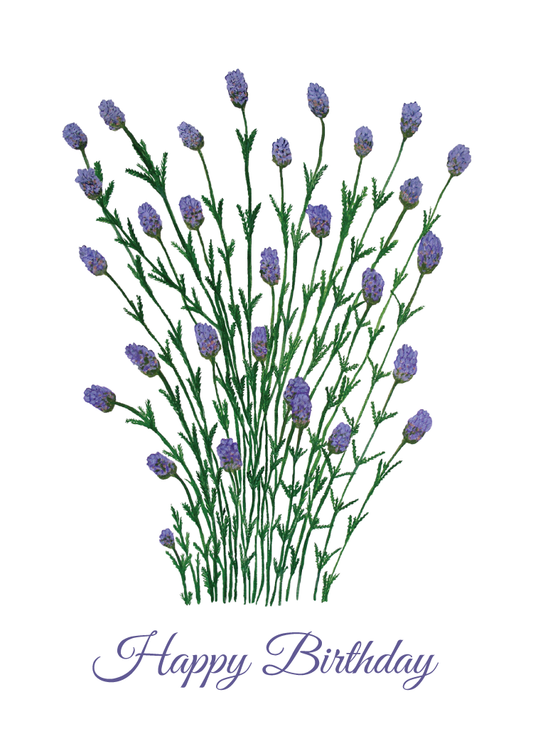 Lavender flowers with 'Happy Birthday' text on a white background