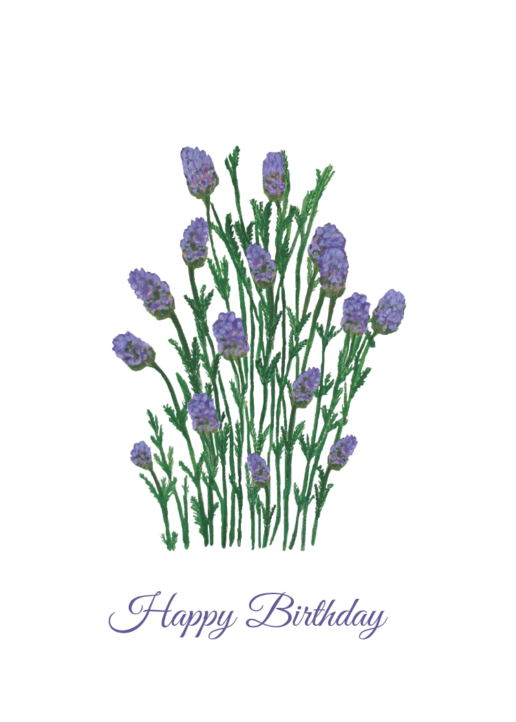 Illustration of lavender flowers with 'Happy Birthday' text on a white background